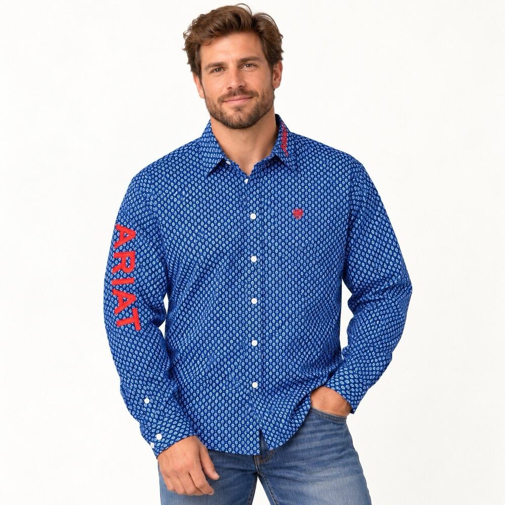 Ariat Men’s XL Western Shirt Blue Floral Embroidered Sleeve Collar Western